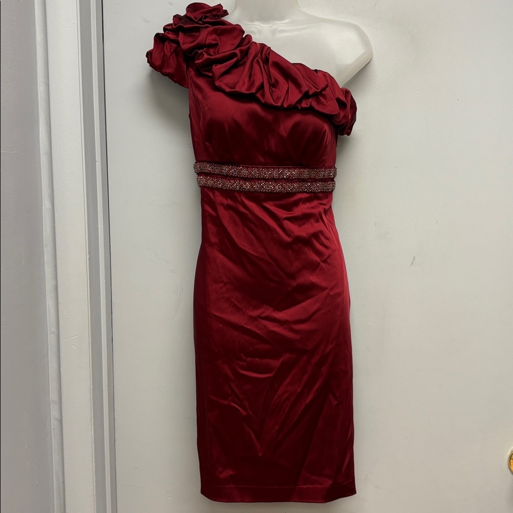 Chetta B Evening One-Shoulder Cocktail Dress – Deep Red | Size 8